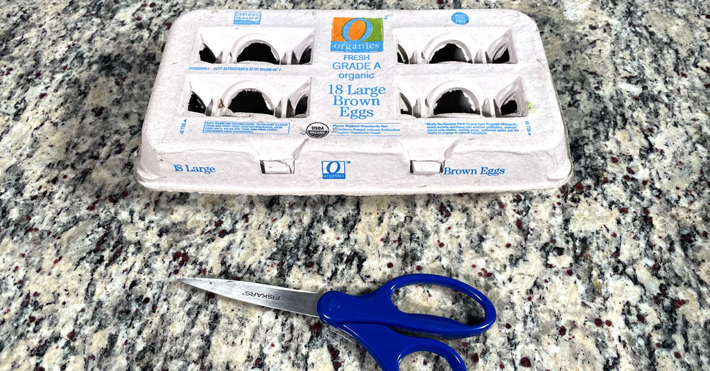 Paper pulp egg carton for 18 eggs and a pair of blue handled scissors