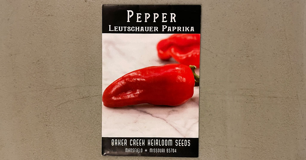 Leutschauer Paprika Pepper Seed Packet with red paprika pepper on the front from Baker Creek Heirloom Seeds