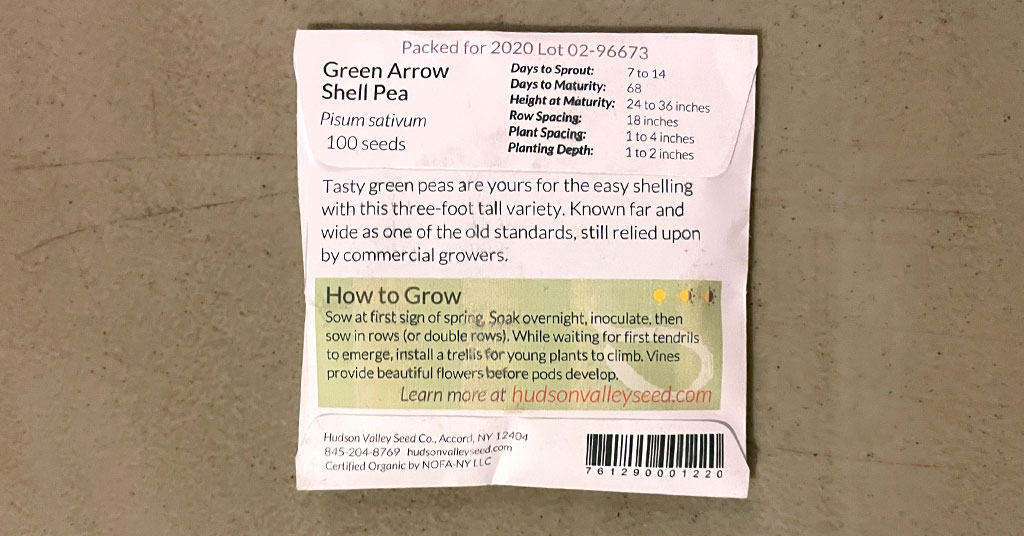 Back of seed packet for Green Arrow Shell Peas. Provides information on how to grow the peas from Hudson Valley Seed Company.