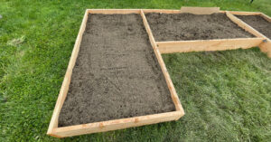 Several 4 foot by 8 foot garden beds filled with garden soil