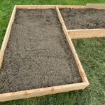 Several 4 foot by 8 foot by 12 inch raised garden beds built out of douglas fir boards