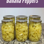 Pinterest pin about how to water bath can banana peppers. Image of 6 canning jars with banana pepper rings.