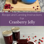 Recipe and Canning Instructions for Cranberry Jelly. Blue dutch oven with cranberry jelly being spooned into mason jar before water bath canning. Two mason jars of water bath canned cranberry jelly. Cranberry jelly cylinder sitting on a plate with a slice cut in it.