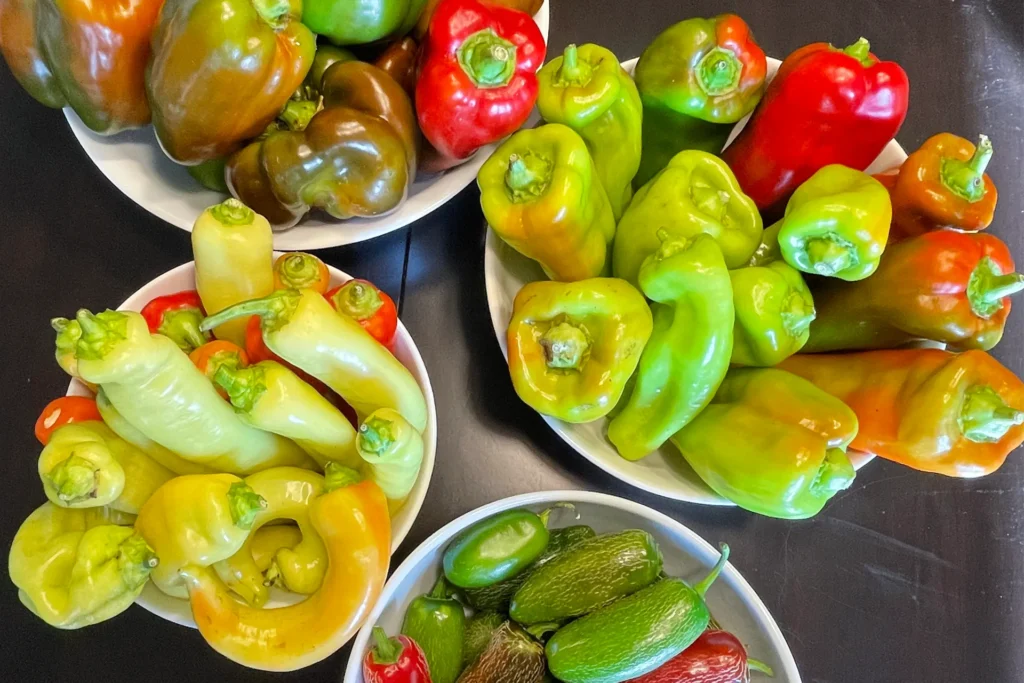 Four bowls full of different color peppers, ranging from green, yellow, orange, and red.