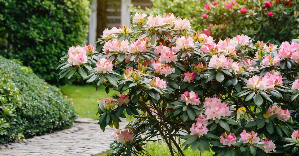 Rhododendron bush with pink flowers growing in a backyard.