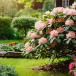 Rhododendron bush which is an evergreen plant with peach flowers growing in a backyard surrounded by other flowering plants in pinks and corals.