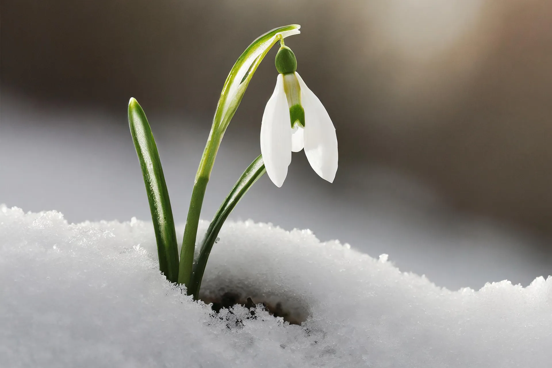 White snowdrop flower with green leaves emerging from the snow.