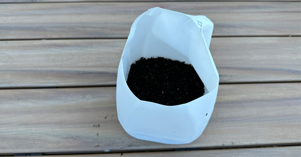 Milk jug with top removed filled with seed starting soil for winter sowing