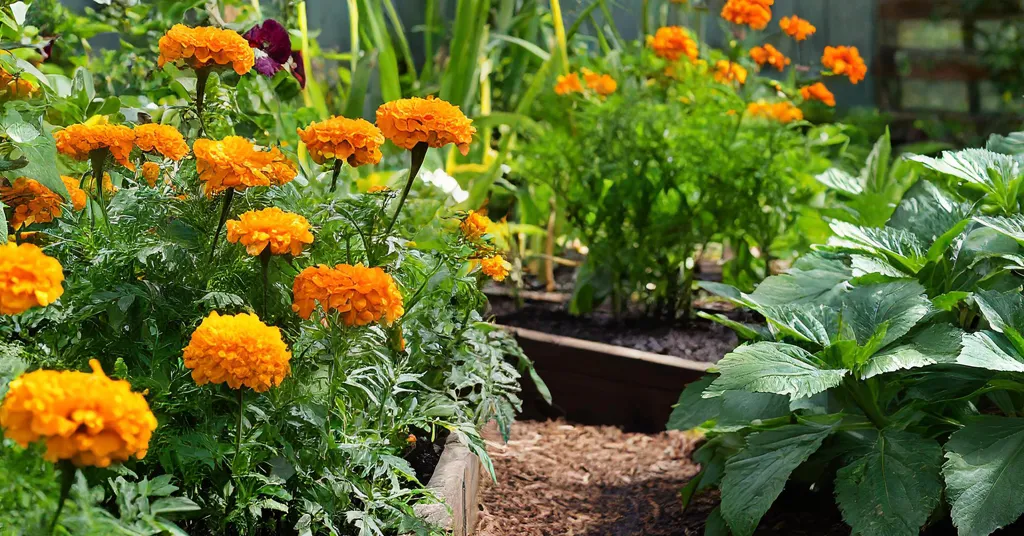 Orange marigolds used in companion planting in a home garden.
