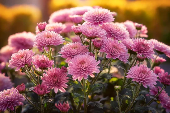 Pink chrysanthemum growing in a garden.