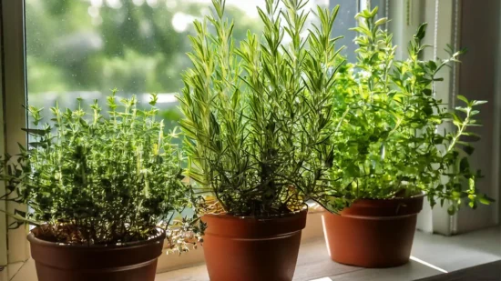 Herbs in pots growing on a Windowsill