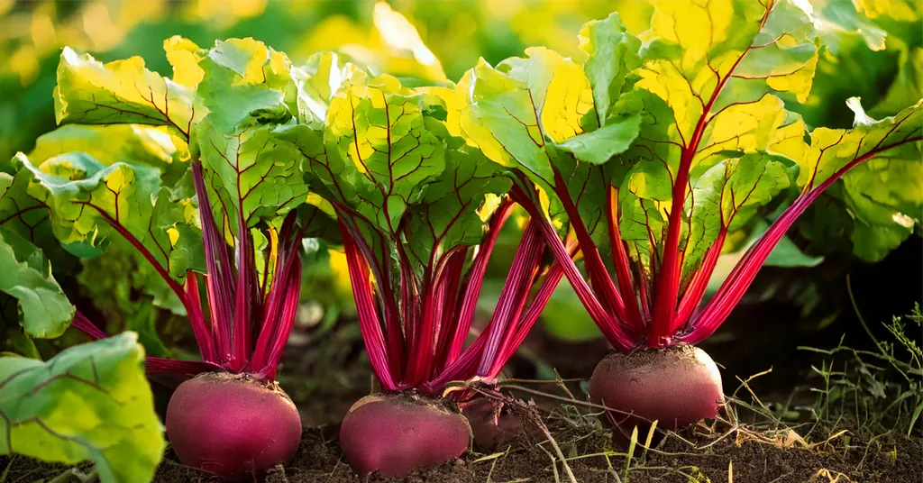 Close-up of vibrant red beets growing in rich soil, with lush green leaves and magenta stems illuminated by soft sunlight in a garden setting.