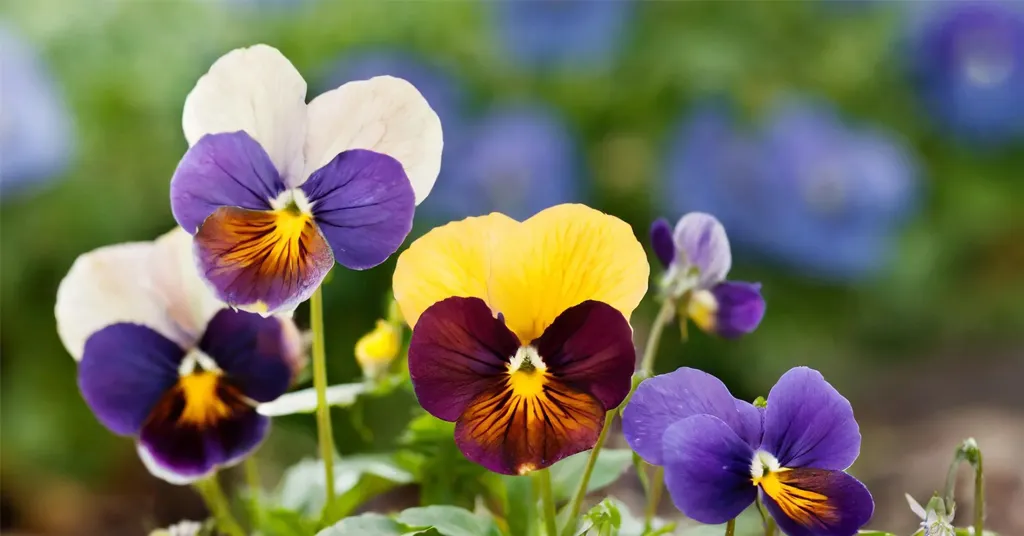 purple and yellow pansies growing in a flower bed.