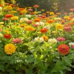 Yellow, Orange, Pink, and White Zinnias growing in a garden.