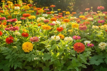 Yellow, Orange, Pink, and White Zinnias growing in a garden.