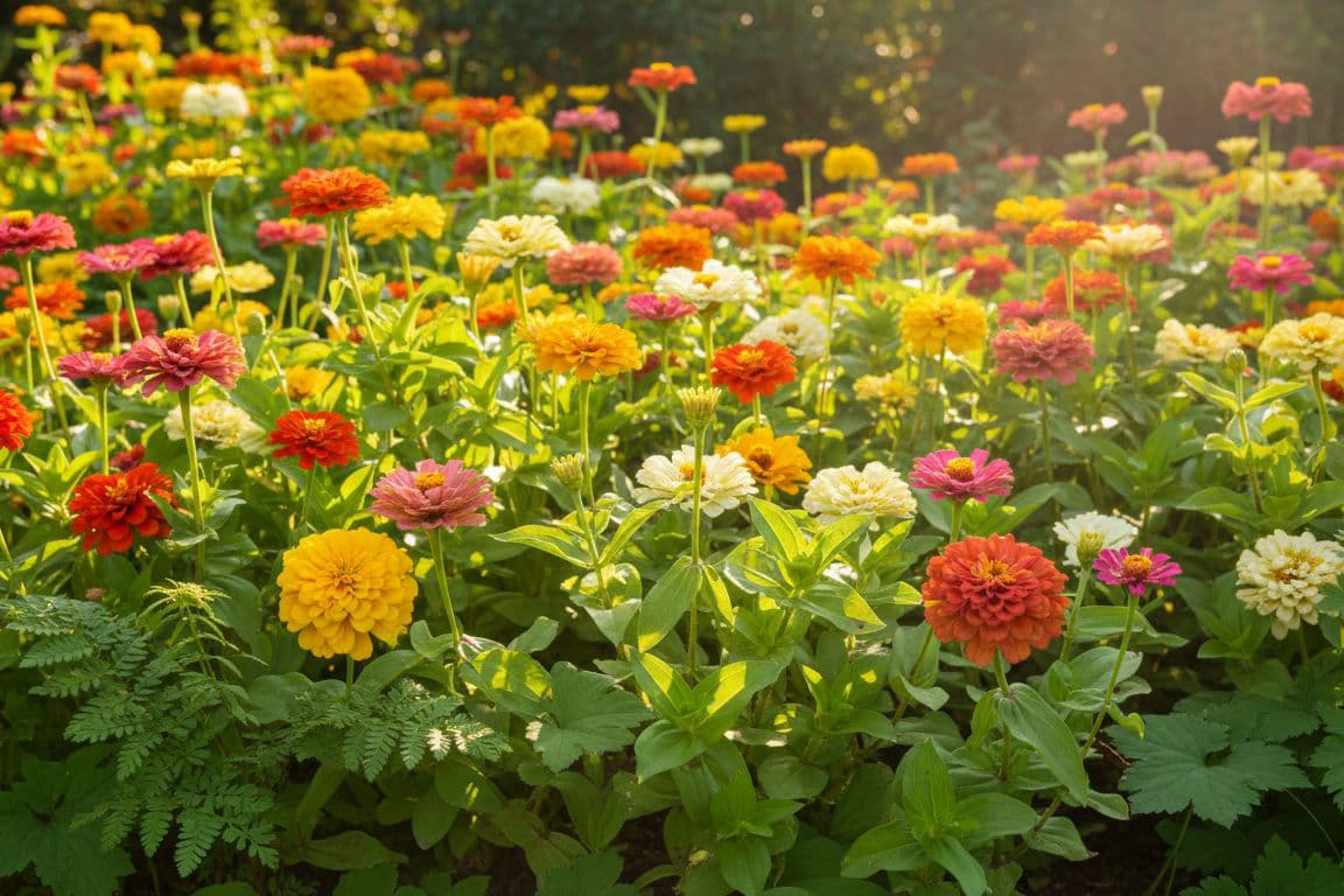 Yellow, Orange, Pink, and White Zinnias growing in a garden.