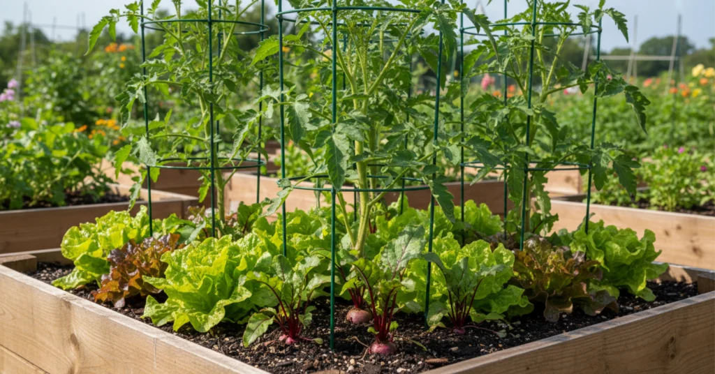 Beets and Lettuce interplanted with tomato plants.