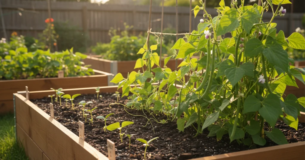 Succession Planted Green Bean Plants at various growing sizes.