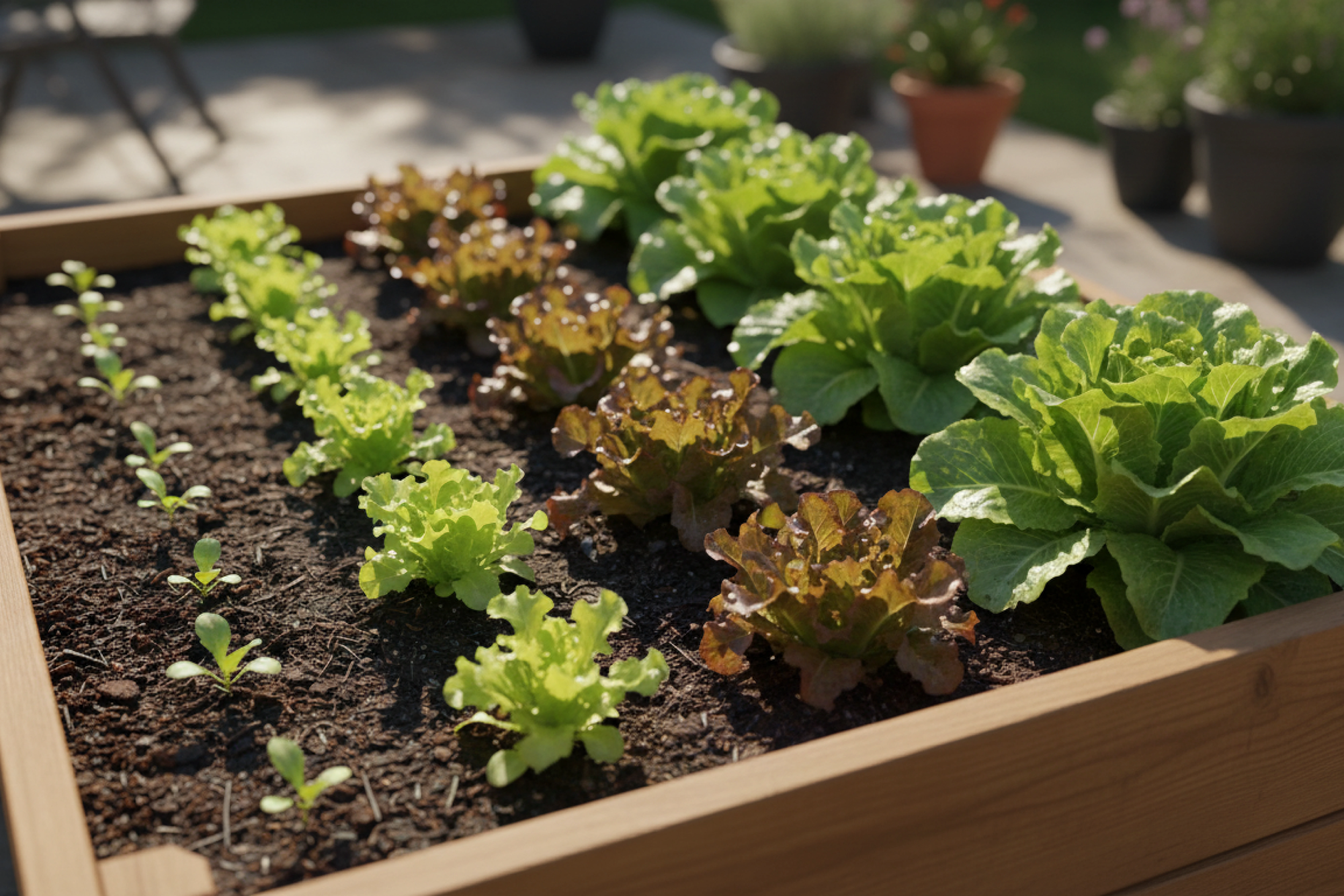 lettuce plants that have been succession planted at various sizes of growth.