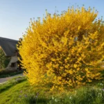 Forsythia Bush surrounded by spring flowers near a garden path with a house in the background.