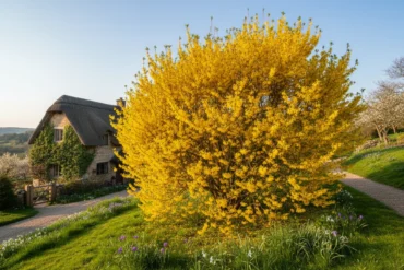 Forsythia Bush surrounded by spring flowers near a garden path with a house in the background.