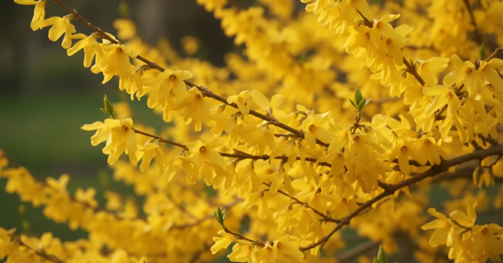 Up close view of yellow Forsythia Flowers growing on a forsythia bush