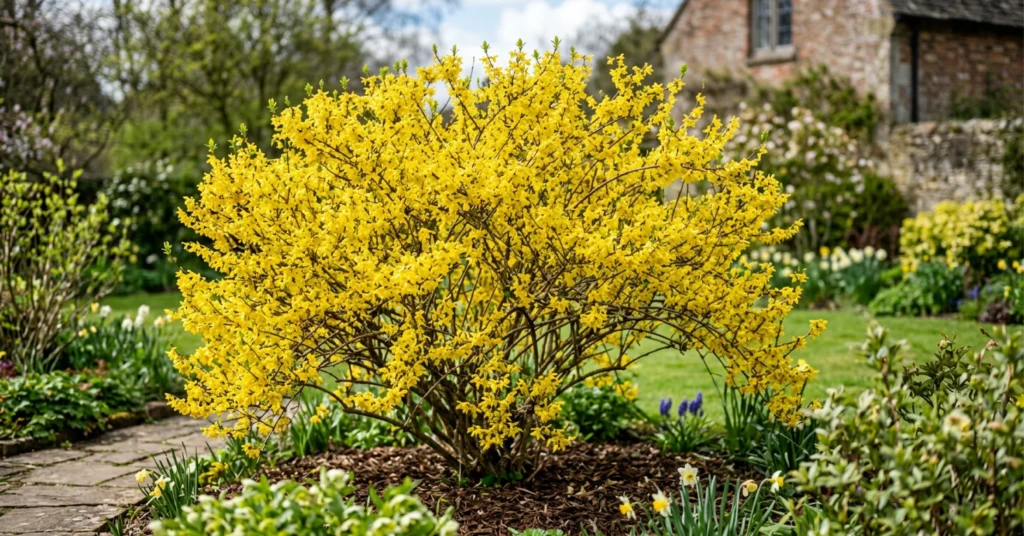 Forsythia Plant surrounded by spring flowers with a house in the background.