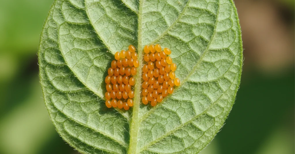 Potato Beetle Eggs, yellow orange eggs on the bottom side of a leaf.