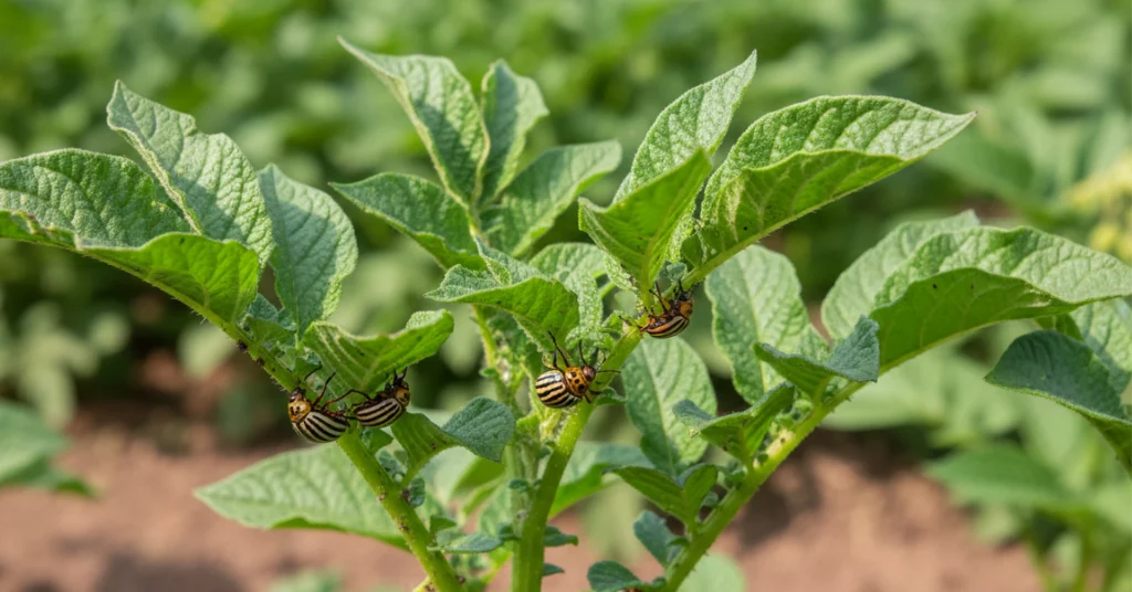 Adult Potato Beetles on potato leaves.