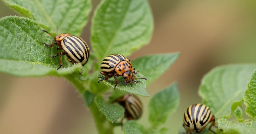 close up photo of Adult Potato Beetles with yellow and black stripes.