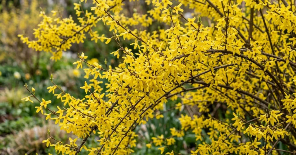 Close up view of yellow Weeping Forsythia