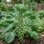 Brussels Sprouts plant growing in a raised garden bed.