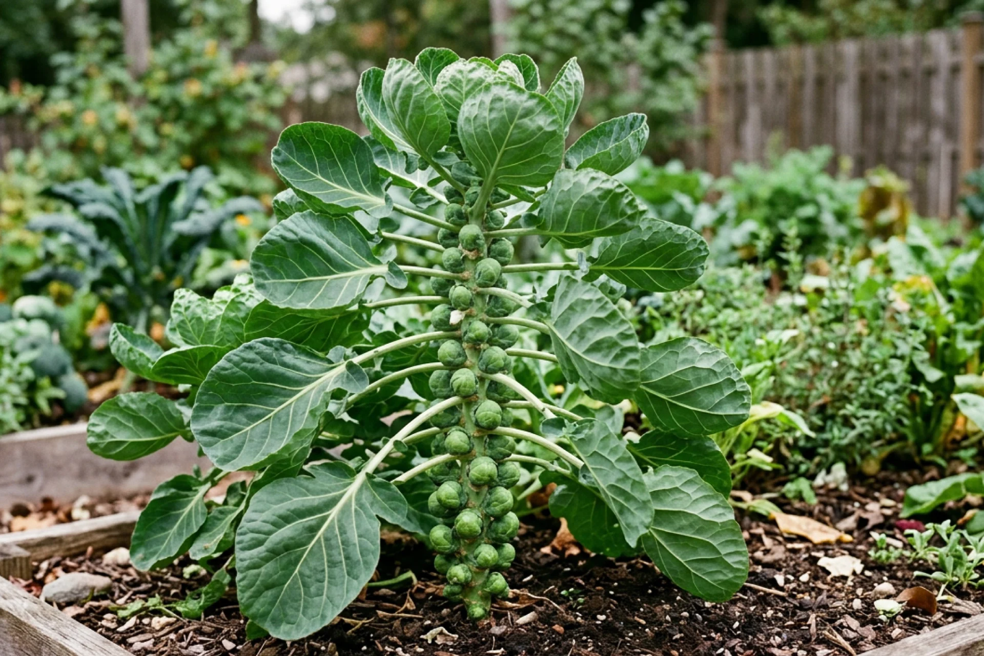 Brussels Sprouts plant growing in a raised garden bed.