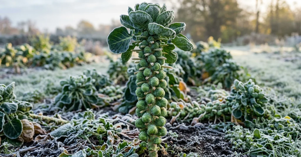 Brussels Sprouts plant in a frost covered garden bed.