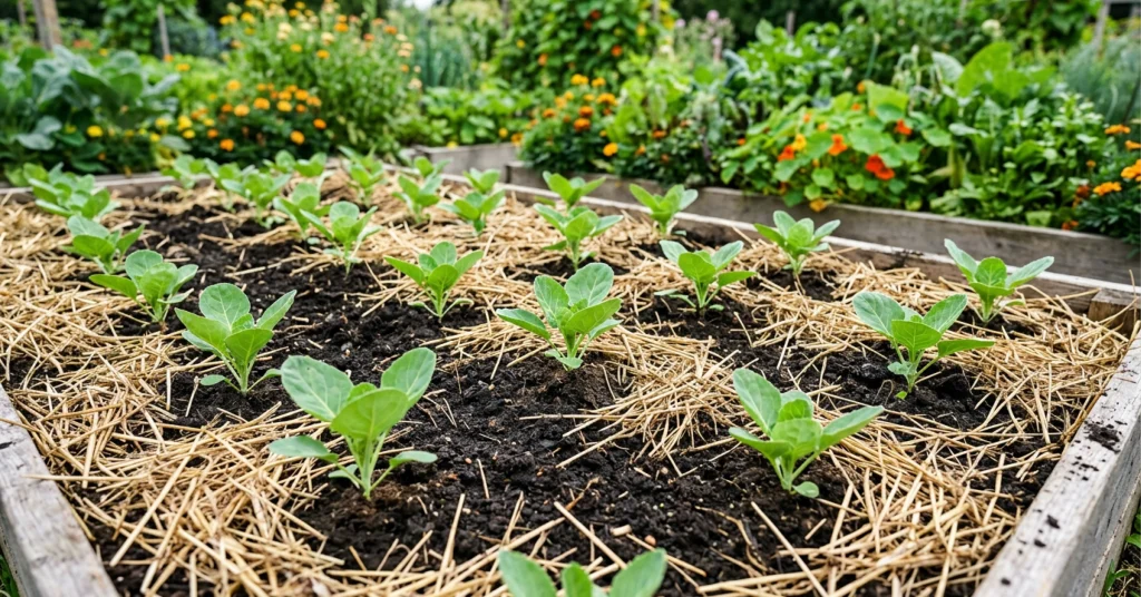 Brussels Sprouts Seedlings in a raised garden bed.