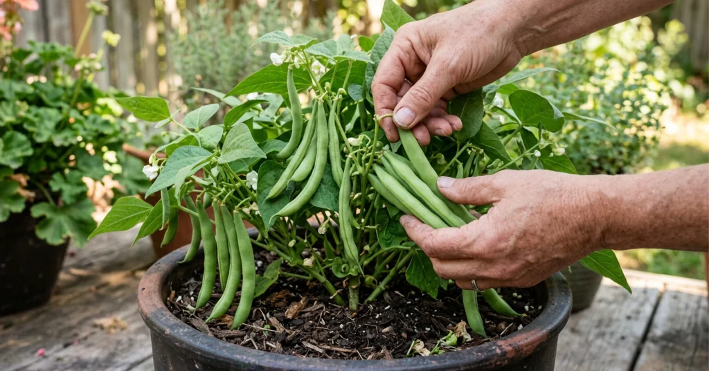 Garden pot of bush beans ready to be harvested.