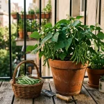 Terracotta pot of bush beans and basil sitting on an apartment balcony with a basket of harvested bush beans.