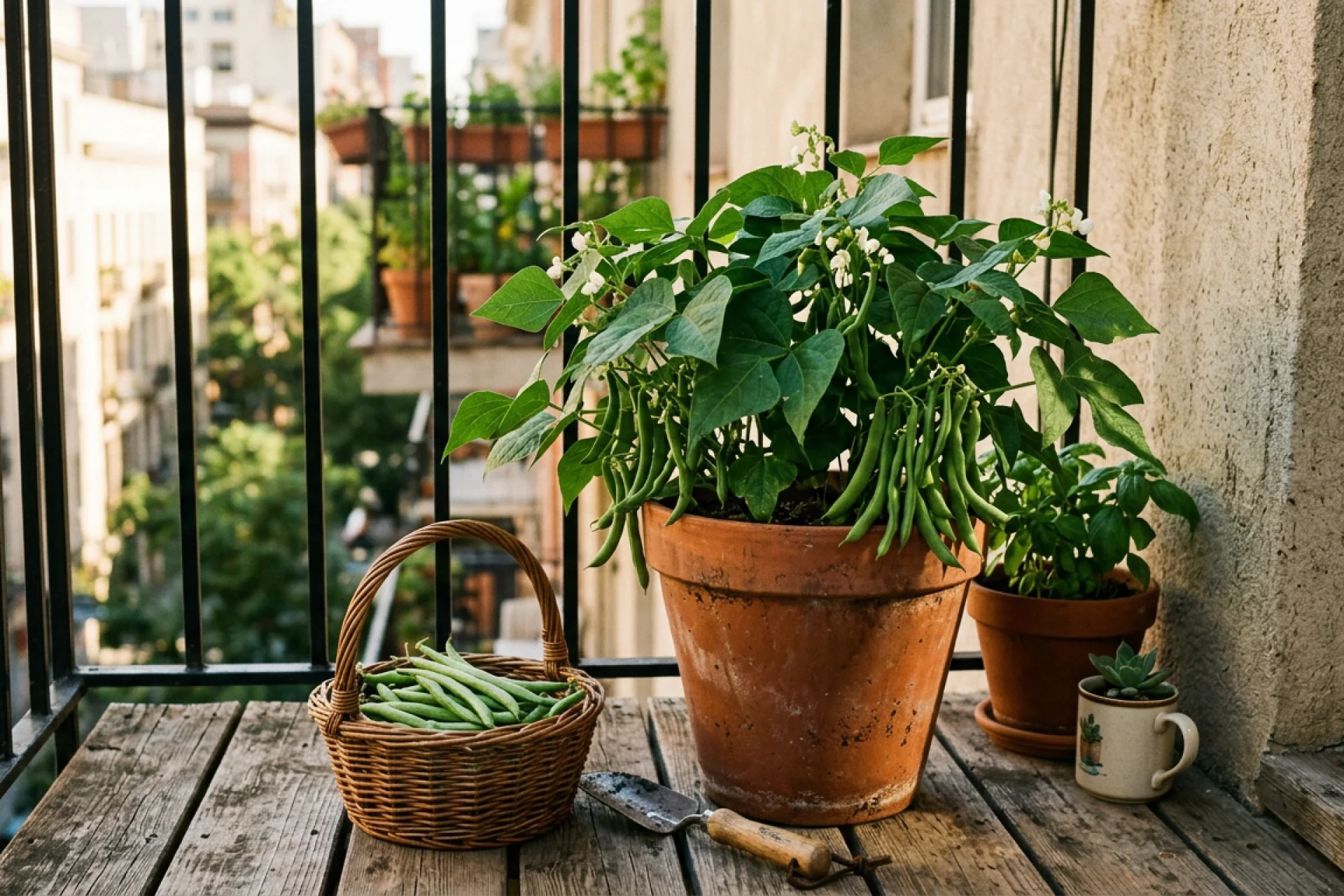 Terracotta pot of bush beans and basil sitting on an apartment balcony with a basket of harvested bush beans.