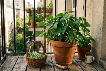 Terracotta pot of bush beans and basil sitting on an apartment balcony with a basket of harvested bush beans.
