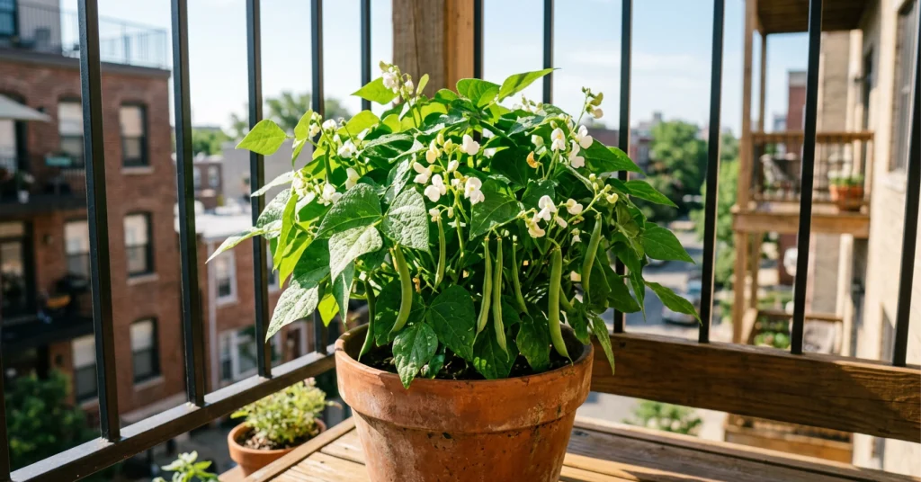 A Terracotta pot of bush beans sitting on an apartment balcony.