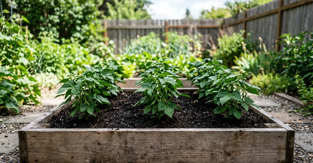 Small Raised garden bed of bush bean plants.