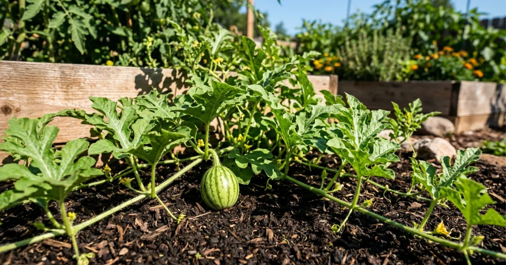 Small watermelon growing on a watermelon vine.