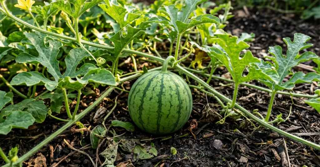Medium sized watermelon growing on a vine.