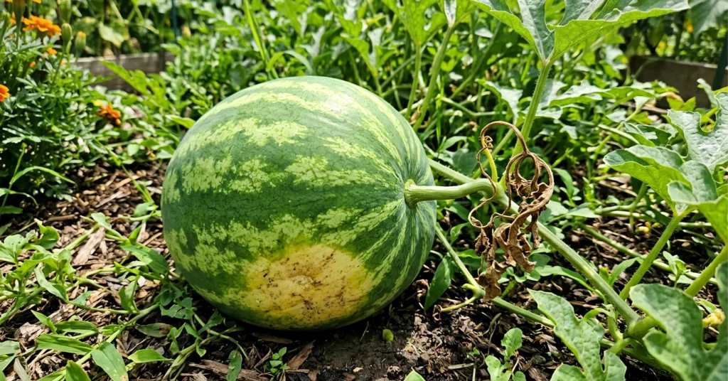 Watermelon ready to harvest. Showing died back vine and yellow ground spot.