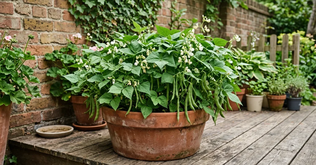 Large terracotta pot of bush beans sitting on a deck.