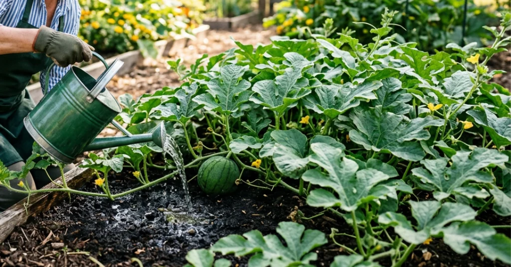 Gardener watering a watermelon plant with a green watering can.
