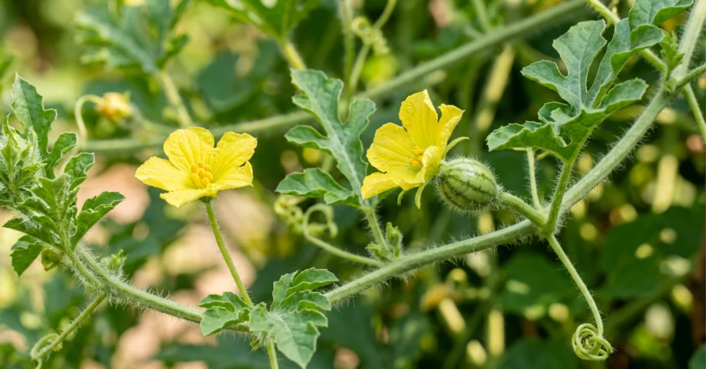 A male and female watermelon flowers growing on a watermelon vine.